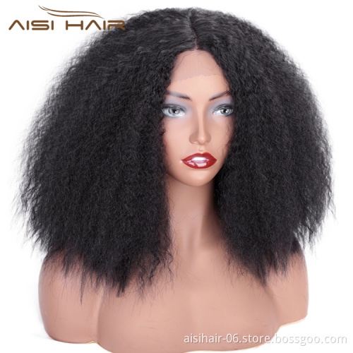Aisi Hair Short Kinky Fluffy Natural Black Wig Cheap Middle Part Synthetic Lace Front Wig Afro Curly Hair Wigs For Black Women